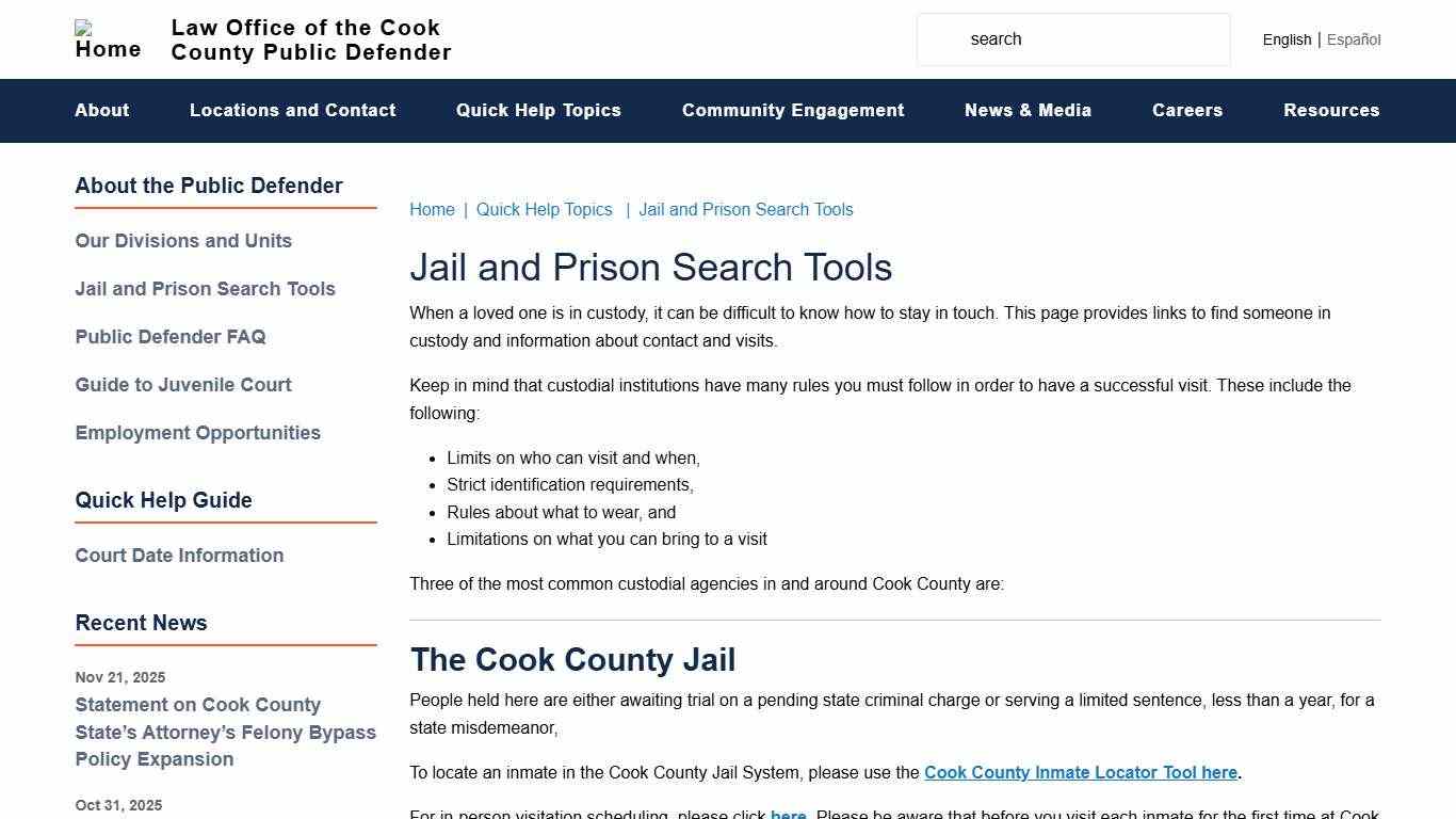 Jail and Prison Search Tools Law Office of the Cook County Public Defender